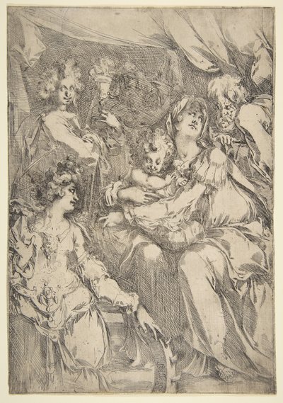 Svatá rodina se svatou Kateřinou, svatým Janem Evangelistou a andělem, 1612-16. od Jacques Bellange