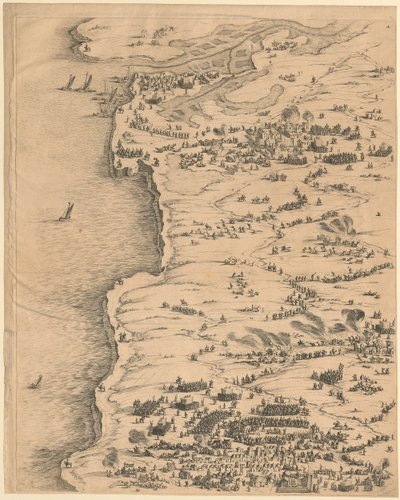 1. Deska vlevo nahoře z díla „Obléhání La Rochelle“ od Jacques Callot
