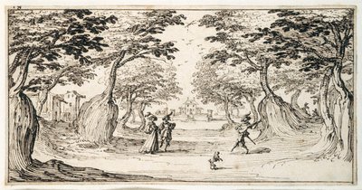 Krásná dáma a gentleman tančící v lese na loutnu, zámek v dálce (pero a hnědý inkoust na papíře) od Jacques Callot
