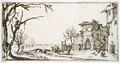 Seno přinášející ke středověké bráně vesnice, muž štípající větev, z alba patřícího Israeli Silvestre, kolem roku 1630 (pero a inkoust na papíře) od Jacques Callot