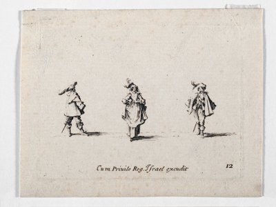 Dáma s kloboukem s pírkem a dva kavalíři, z ... (rytina) od Jacques Callot