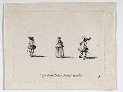 Dáma se založenýma rukama a dva kavalíři, od ... (rytina) od Jacques Callot