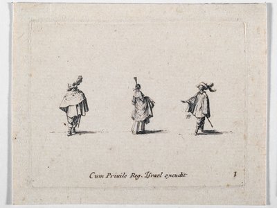 Dáma s nabíranou sukní a dvěma kavalíry, z knihy Les Fantaisies de Noble J. Callot... (rytina) od Jacques Callot