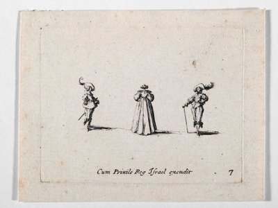 Dáma v bohatě řasených šatech, pohled zezadu, a dva kavalíři, z knihy Les Fantaisies de Noble J. Callot... (rytina) od Jacques Callot