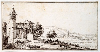 Říční krajina poblíž Nancy, s vesnickým kostelem Maxeville a dalším ve střední vzdálenosti, z alba patřícího Israeli Silvestre, kolem roku 1630 (pero a inkoust na papíře) od Jacques Callot