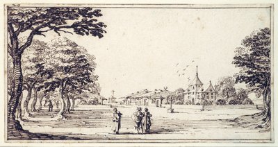 Ulice v Bainville-sur-Madon s Callotovým domem (pero a hnědý inkoust na papíře) od Jacques Callot