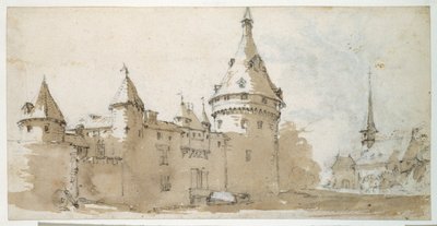 Zámek s věží a kostel (hnědá a šedá barva přes černou křídu na papíře) od Jacques Callot