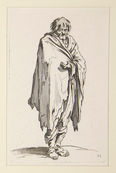 Holohlavý žebrák s neobutýma nohama, z The Beggars od Jacques Callot