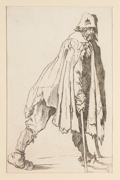 Žebrák v čepici, o berlích, z The Beggars. od Jacques Callot