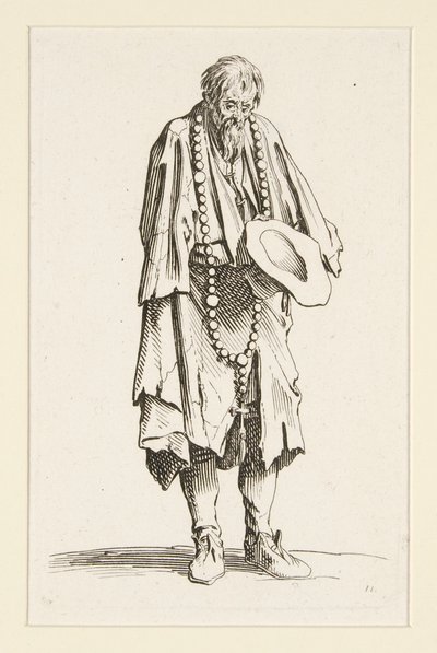 Žebrák s růžencem, z Žebráků (Le mendiant au rosaire) od Jacques Callot