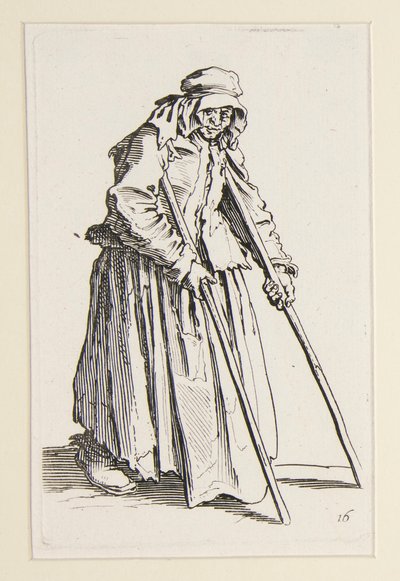 Žebrácká žena o berlích, z The Beggars (La mendiante aux bequilles) od Jacques Callot