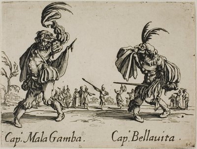 Kapitán Mala Gamba - Kapitán Bellavita, talíř 15 od Balli di Sfessania od Jacques Callot