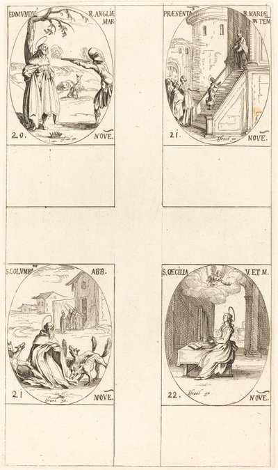 Edmund, král anglický, mučedník, uvedení Panny Marie, sv. Kolumba, sv. Cecil. od Jacques Callot