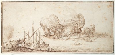 Fantastické skály, opevněné. Lodní doprava. Námořníci bivakují na dohled jejich plavidla (Le Grand Rocher) (pero a inkoust na papíře) od Jacques Callot