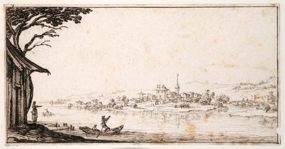 Převoz cestujícího přes řeku do malého města spojeného mostem s hradem (pero a hnědý inkoust na papíře) od Jacques Callot
