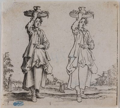 Různé postavy, „Venkovanka“ zepředu s košíkem na hlavě. Šestý kus ze série 16 děl (Lieure 203, Meaume 741) od Jacques Callot
