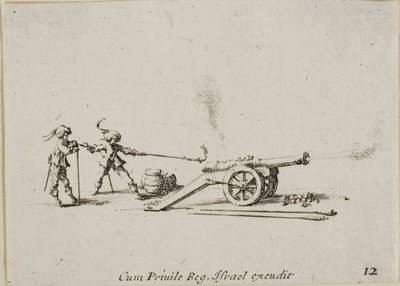 Střelba z kánonu, deska dvanáct z Vojenských cvičení od Jacques Callot