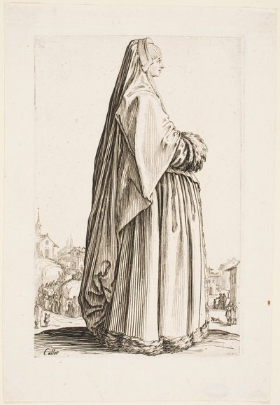 Dáma v dlouhém závoji a róbě zdobené kožešinou, ze série „The Nobility of Lorraine“ od Jacques Callot