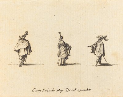 Dáma v šatech se shromáždila a dva pánové od Jacques Callot
