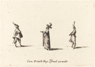 Dáma s opeřeným kloboukem a dva pánové, pravděpodobně 1634. od Jacques Callot