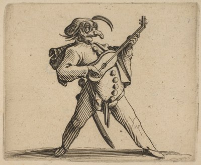 Maskovaný komik hrající na kytaru, od ..., 1616-22. od Jacques Callot