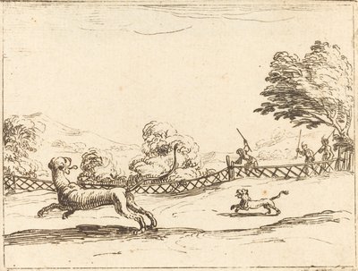 Lvice a mládě pronásledované lovci od Jacques Callot