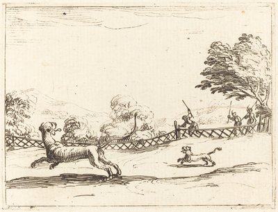 Lvice a mládě pronásledované lovci od Jacques Callot