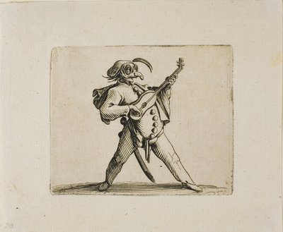 Maskovaný komik hrající na kytaru z Varie Figure Gobbi od Jacques Callot