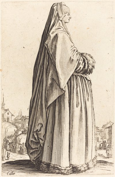Vznešená žena v závoji a šatech zdobených kožešinou od Jacques Callot