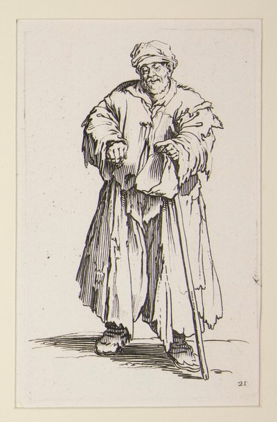 Obézní muž se sklopenýma očima, z Žebráků (Le mendiant obese aux yeux baisses) od Jacques Callot