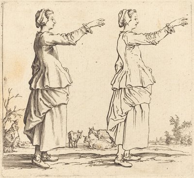 Rolnická žena, z profilu, tváří vpravo, s nataženou paží od Jacques Callot