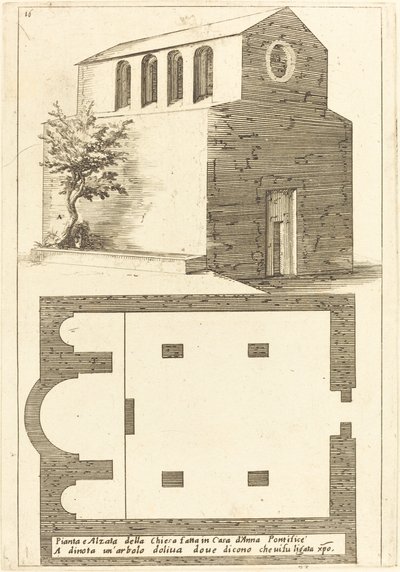 Plán a pohled na kostel poblíž domu Annáše od Jacques Callot