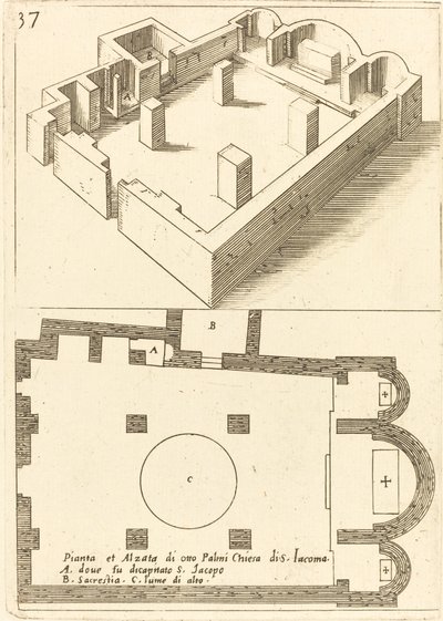 Plán a výška kostela S. Iacoma od Jacques Callot