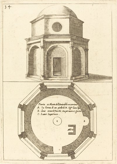 Plán a pohled na kostel Nanebevstoupení Páně od Jacques Callot