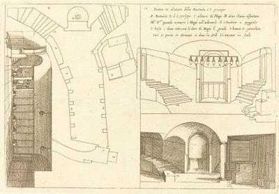 Půdorys a pohled na kostel Narození Páně od Jacques Callot