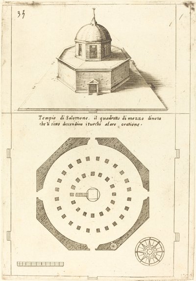 Plán a vykreslení Šalomounova chrámu od Jacques Callot