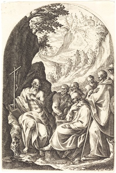 Svatý Jeroným poučuje své učedníky na poušti od Jacques Callot