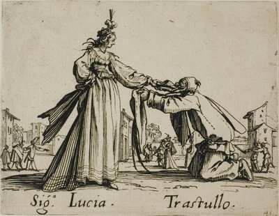 Signora Lucia - Trastullo, talíř 21 od Balli di Sfessania od Jacques Callot
