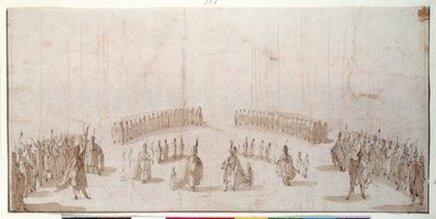 Skica pro inscenaci skupin postav v "Il Solimano" (tužka a hnědá tuš s hnědým lakem na červené křídě) od Jacques Callot