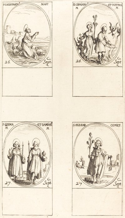 Svatý Calistratus, sv. Cyprian a Justina, sv. Comus a Damian, St. Elzear, hrabě. od Jacques Callot