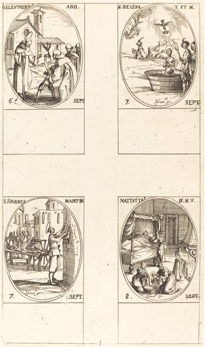 sv. Eleutherius, opat; Svatá Regina; Svatý Jan; Narození Panny Marie od Jacques Callot