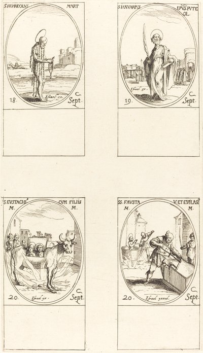 Svatý. Ferreolus, sv. ledna, sv. Eustace a jeho děti, sv. Fausta a Evelasius. od Jacques Callot