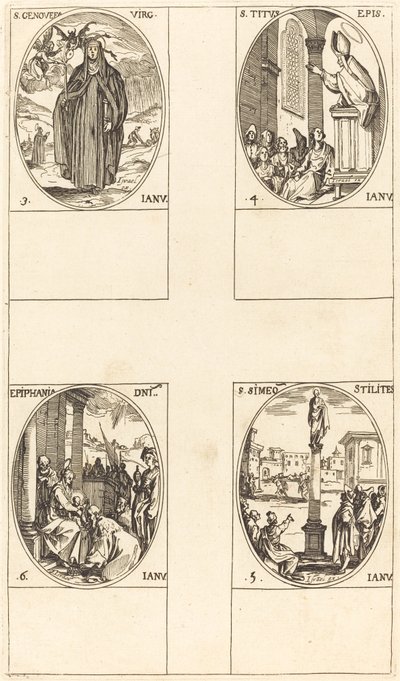 Svatá Genevieve; Svatý Titus; St. Simeon Stylites; Epiphany od Jacques Callot