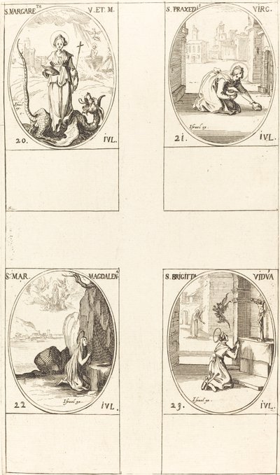 Svatá Markéta Antiochijská, sv. Praxedes, sv. Máří Magdalena, sv. Brigita Švédská. od Jacques Callot