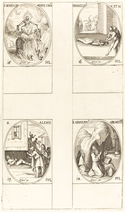 Svatá Marie z Mont Carmel; St. Raineldis; sv. Alexis; Svatý Arnold z Metz od Jacques Callot