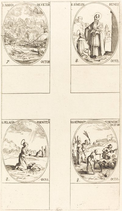 Svatá Marie Vítězná, sv. Simeon, prorok, sv. Pelagia, sv. Reparata a Benedicta. od Jacques Callot