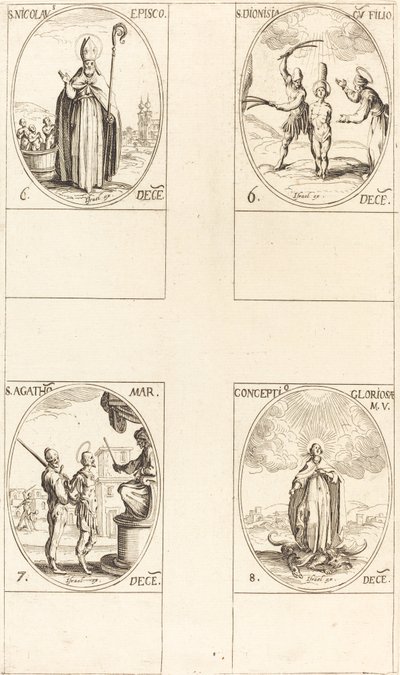 Mikuláše; sv. Dionisie a syn; Svatá Agáta; Početí Panny od Jacques Callot