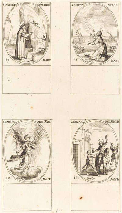 Svatý Patrik; svatá Gertruda; sv. Gabriel, archanděl; St. Edward od Jacques Callot