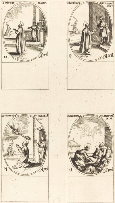 Svatý. Vítěz; Svatý. Justin; Svatí Tiburtius a Valerian; Svatí Basilissa a Anastasia od Jacques Callot