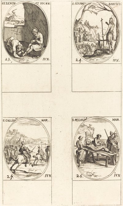 St. Zenon a společníci; Svatý Jan Křtitel; St. Gallicanus; Svatý Pelagius od Jacques Callot